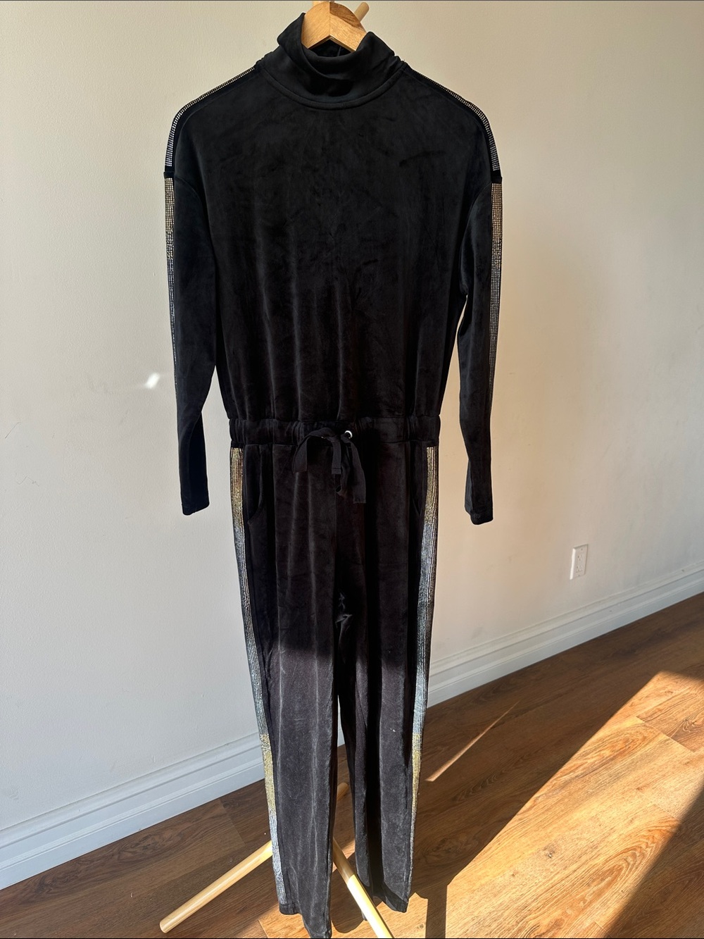 Juicy Couture Black Velour Turtleneck Jumpsuit with Metallic Side Stripe